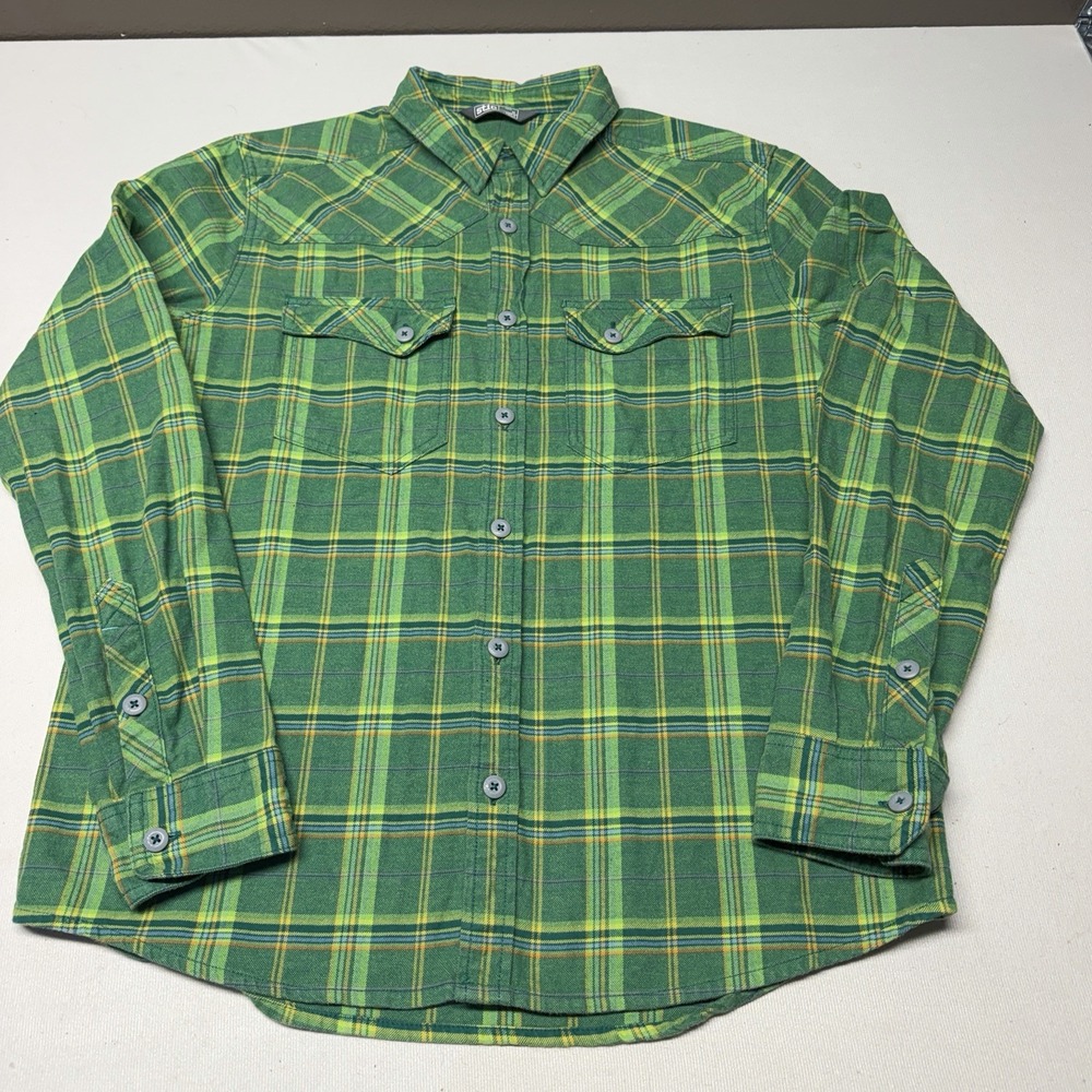Stio Junction Midweight Flannel Shirt Men Medium Green Plaid 100% Organic Cotton